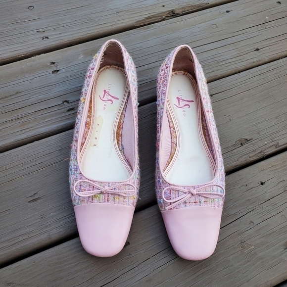 Vintage 90s y2k Square Cap Toe Chunky Heel Pink Tweed Granny Loafers 8 WIDE - Picture 3 of 7